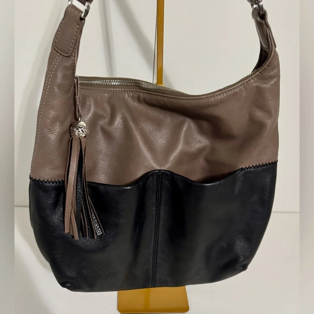 Authentic Brighton Brant Hobo Bag Black and Mink Leather‎ With Decorative Tassel